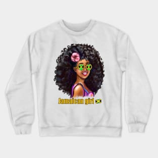 The best Gifts for black women 2022 Jamaican girl with Jamaican flag Sun shades and pink hibiscus flower in her big natural afro hair. Jamaica Crewneck Sweatshirt